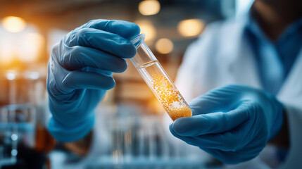 Close-up of a faceless scientist's gloved hands from above blue latex gloves in sharp detail holding a glass test tube containing a cloudy bacterial culture sample
