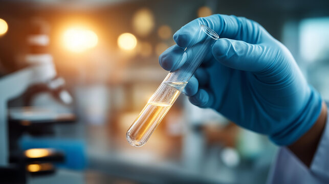 Close-up of a faceless scientist's gloved hands from above blue latex gloves in sharp detail holding a glass test tube containing a cloudy bacterial culture sample