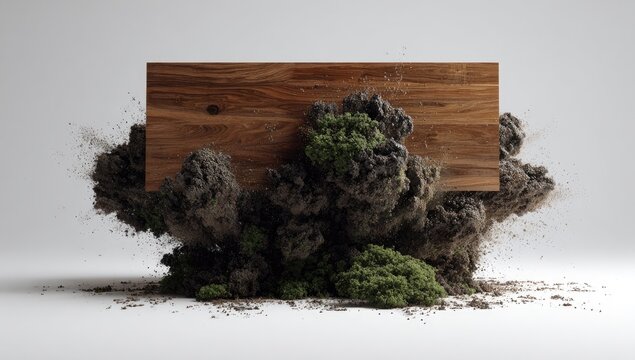 Wooden slab emerges from exploding soil and green moss.