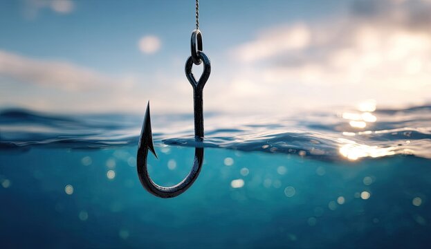 Fishing hook suspended above clear blue water under a sunny sky.
