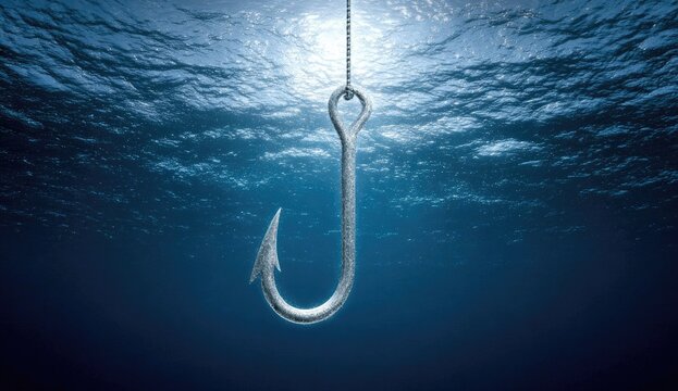 A sharp metal hook dangles in deep blue ocean water under sunlight.