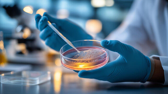 Close-up of faceless laboratory technician hands from above at a bright microbiology workstation a wire inoculation loop visible in one gloved hand transferring