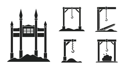 Medieval gallows designs depicted in a stark black silhouette © mst