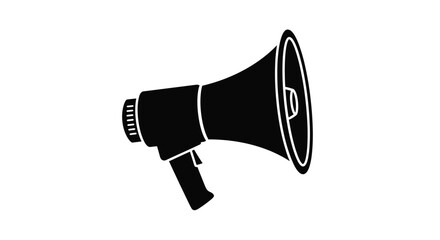 A stark black silhouette of a megaphone broadcasting a message