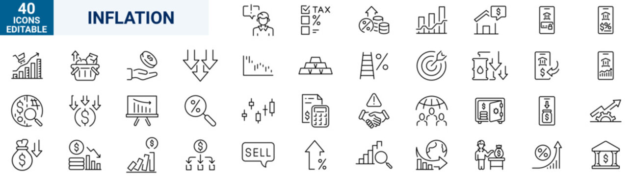 Inflation web icons in line style. Crisis, economic, unemployment, hyperinflation, inflation rate, scarcity, price increase, money, investment, depreciation, energy, transportation