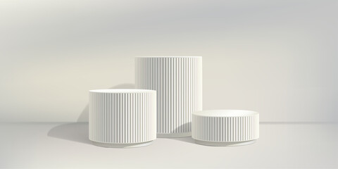 White poduim bg, ribbed column pillar 3d render. Product discount marble stand, fluted elegant pedestal on pastel limbo. Cosmetic promotion empty stage, museum exhibition display. Three grey bases © Svetlana Ievleva