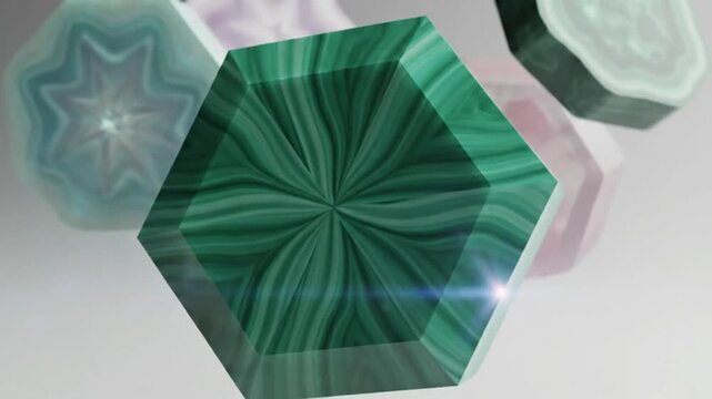 Abstract Hexagon Gemstones with Swirling Green Malachite Pattern