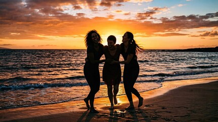 Fototapeta premium Three women laughing and walking along the beach at sunset, with waves gently lapping at their feet and a vibrant sky filled with orange and purple hues