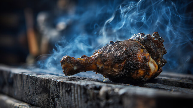 Authentic Jamaican jerk chicken leg seasoned with scotch bonnet and allspice, grilled with rising smoke in a rustic, outdoor kitchen setting.