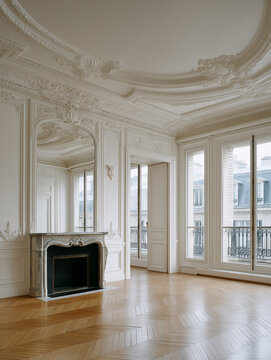 Spacious empty Haussmann apartment in Paris with intricate ceiling moldings, white marble fireplace, and large windows with a view of traditional Parisian architecture.