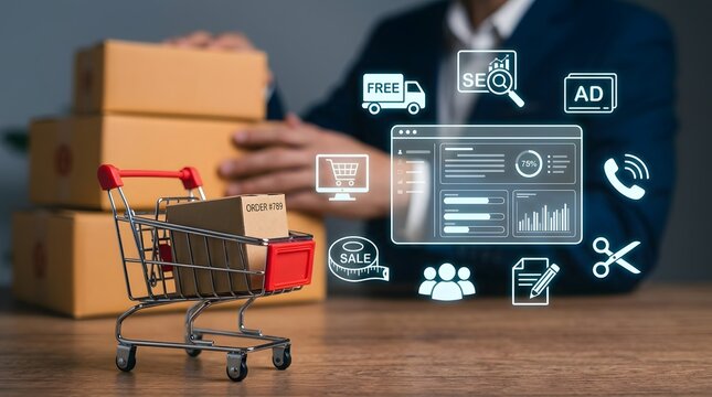 Brightly lit image of a business executive reviewing e-commerce and logistics data with digital icons, showcasing online shopping and delivery concepts in a modern workspace.