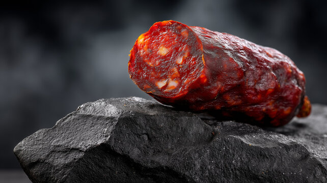 A high-contrast, low-angle shot of a sliced chorizo sausage displaying its marbled interior on a rugged dark stone.