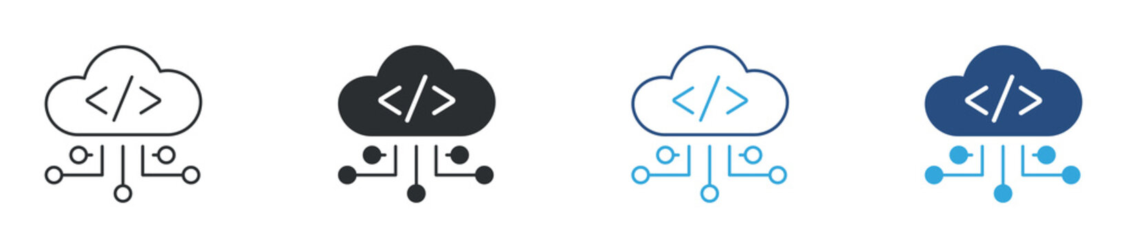 Cloud coding network icon set, cloud computing programming icon. Software development technology concept. Cloud system symbol. Vector illustration.