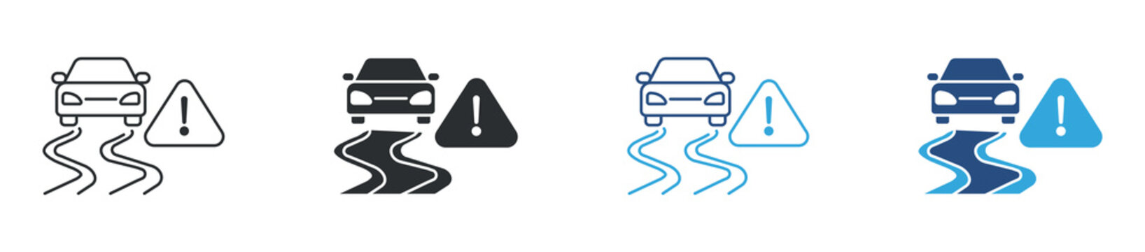 Car skidding warning icon set, slippery road danger icon. Driving safety hazard concept. Vehicle traction warning symbol. Vector illustration.