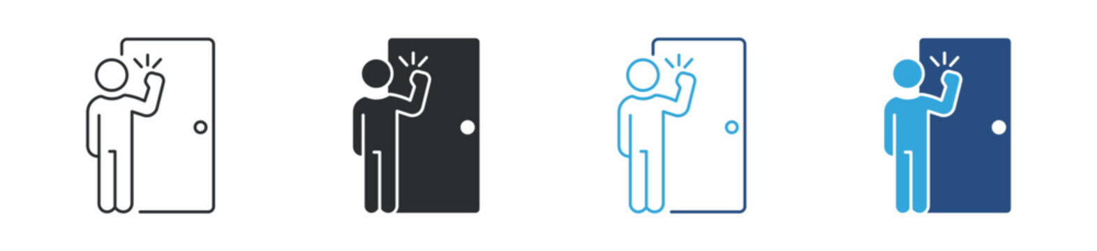 Door knocking icon set, person knocking on door icon. Visitor arrival concept. Entrance notification symbol. Vector illustration.