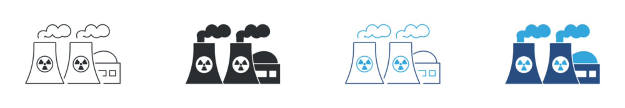 Nuclear power plant icon set, atomic energy station icon. Electricity generation industry concept. Nuclear facility symbol. Vector illustration.