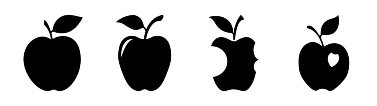 Apple core stages vector illustration, fruit eating process, healthy food concept, black and white art