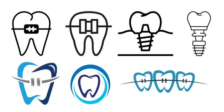 Dental logo and icon collection featuring vector illustrations of teeth with orthodontic braces along with medical dental implant symbols and blue tooth outlines isolated on transparent background