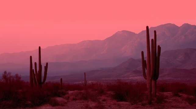 Vibrant red sunset over desert terrain with saguaro cacti silhouettes and distant mountain range, capturing tranquility and natural beauty.