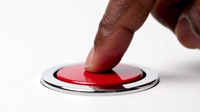 Finger pressing shiny red button on white background