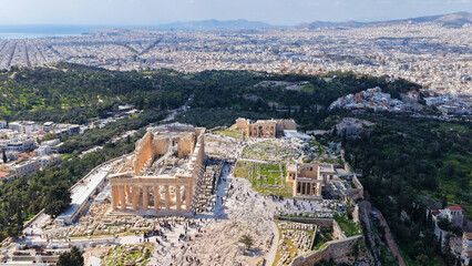 Naklejka premium Aerial drone photo above Acropolis hill and the Parthenon featuring Propylaea and porch of the Caryatids, Athens historic centre, Attica, Greece