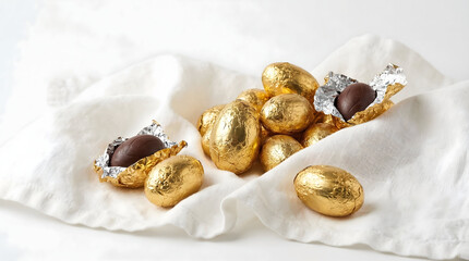 Fototapeta premium Golden chocolate eggs on white cloth