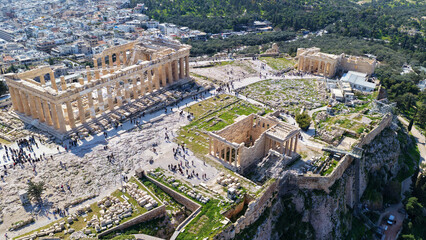 Naklejka premium Aerial drone photo above Acropolis hill and the Parthenon featuring Propylaea and porch of the Caryatids, Athens historic centre, Attica, Greece