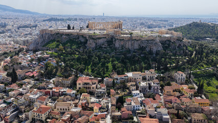 Naklejka premium Aerial drone photo of picturesque Plaka district built below Acropolis hill in the heart of Athens historic centre, Attica, Greece