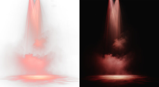 Two red spotlight beams crossing with realistic smoke and floor reflection isolated on white background, perfect for stage performance design, cinematic product reveal, or dramatic event lighting back
