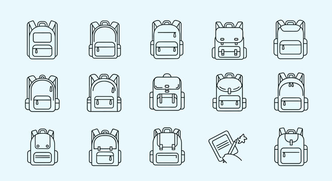 Collection of backpack illustrations outline designs for education and travel