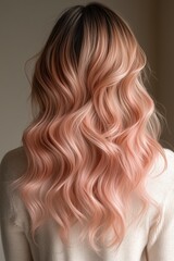 Naklejka premium Back view of woman with long wavy hair colored in soft peach pink balayage with dark roots. Trendy rose gold pastel hair color, professional salon coloring, modern hairstyle and beauty fashion concept