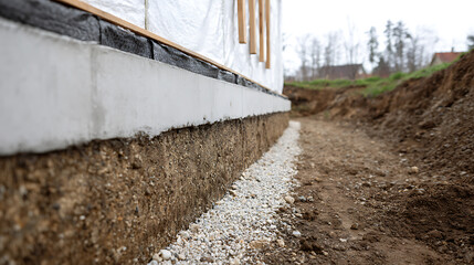 Fototapeta premium New Building Construction Site with Concrete Foundation and Drainage Trench Detail: Home Structure under Development and Earthwork Preparation