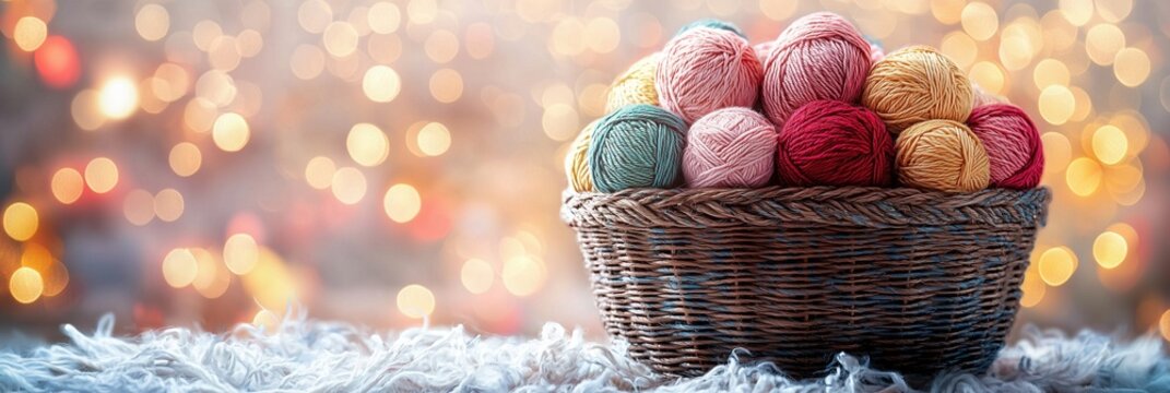 Woven basket filled with colorful yarn balls on a light background. Cozy handmade concept for knitting, crafts, creativity, hobbies, and seasonal advertising. Horizontal banner with copy space