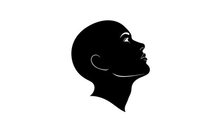 A black silhouette of a person's head in profile, looking up with a thoughtful expression against a white background.