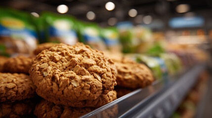 Fototapeta premium Detailed perspective of a retail shelf filled with stacks of oatmeal cookies placed beside rows of packaged snacks and breakfast goods, warm golden tones of the baked treats contra