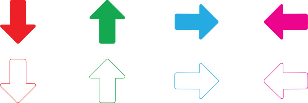 Collection of colorful arrows and outline arrows on transparent background