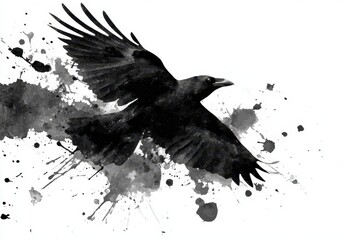 Fototapeta premium Raven silhouette in flight with paint splatters on a white background