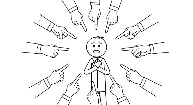Cartoon stick figure person being accused and blamed by many pointing hands, feeling scared and anxious.