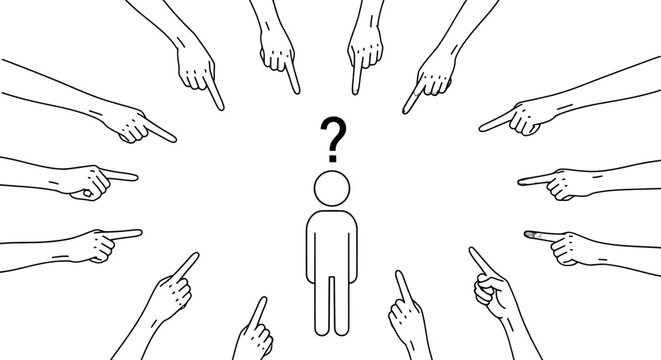 Many hands pointing fingers at a person with a question mark, symbolizing blame, accusation, and social judgment.