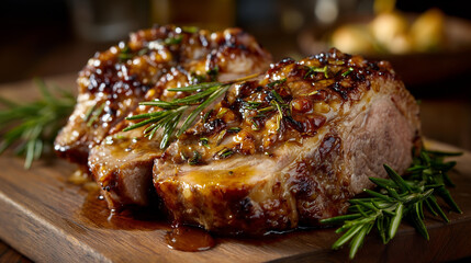 Close-up food photography of a perfectly roasted lamb leg seasoned with rosemary, thyme, and garlic, thick slices of tender meat arranged on a wooden cutting board, juices pooling