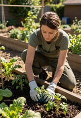 Fototapeta premium A woman in a green jumpsuit tends to a garden, planting a seedling amidst vibrant leafy greens and herbs.