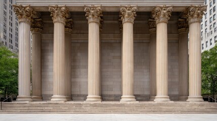 Naklejka premium Stately architectural scene: columned portico, marble steps, and symmetrical stone faÃ§ade