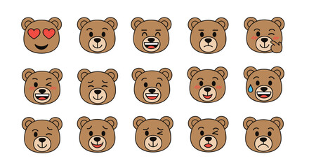 Fototapeta premium Collection of cute brown bear emoji faces displaying a wide range of emotions and expressions for social media and messaging.