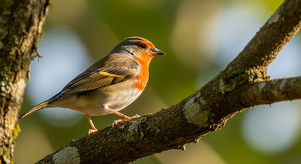 Obraz premium A close-up, profile shot of a tiny, vibrantly colored finch perched on a moss-covered tree branch amidst a soft-focus green background