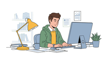 Young man in a green hoodie working on his computer at a well lit desk with a lamp, books, and houseplant in a cozy home office setting.