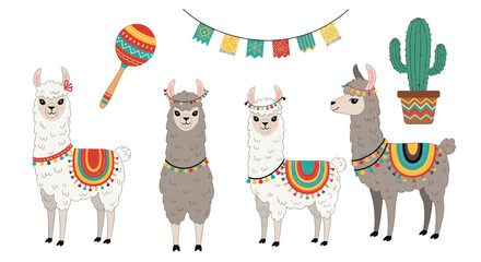 Fototapeta premium Festive collection of Peruvian llamas decorated with colorful saddles and tassels next to a cactus and maracas for party themes.