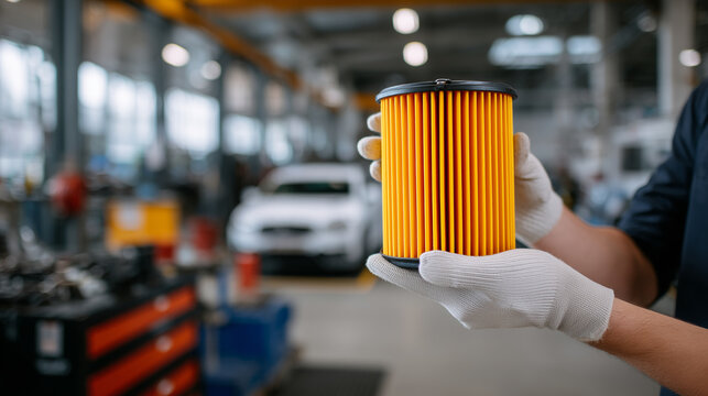 Close perspective of mechanic wearing gloves holding a bright orange oil filter over a diesel engine, industrial service shop in soft focus behind, tool cart and vehicle parts fain