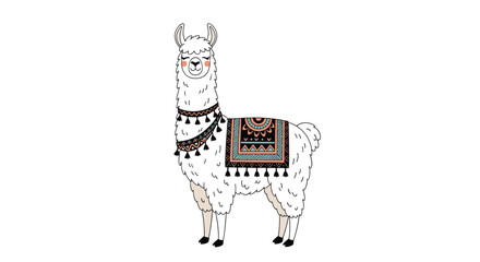 Fototapeta premium Charming white llama standing and wearing a traditionally patterned decorative blanket with tassels and pom-poms.