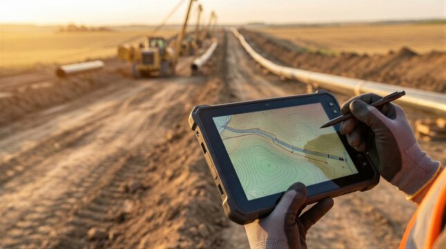 Man holds rugged tablet with topographic map display at pipeline construction site, an application for modern geodesy.