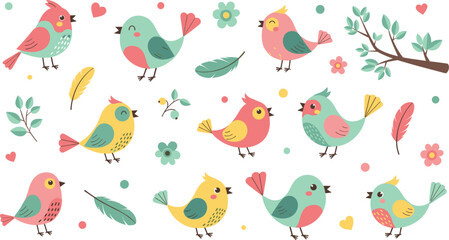 Cute colorful birds collection with flowers, leaves, feathers and hearts, adorable cartoon garden bird characters for kids nursery vector illustration set